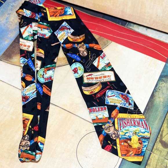 MEN'S ROSETTI NECK TIE FISHERMAN THEME 100% SILK MENS ACCESSORY FISHING FISH - Picture 4 of 6